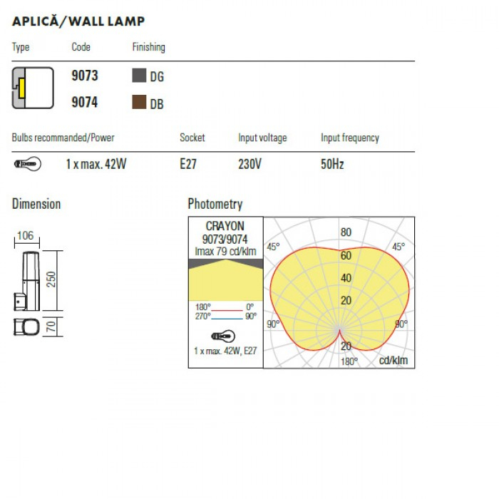 Aplica exterior Crayon 9073 Gri Inchis E27 1x42W IP44 [2]