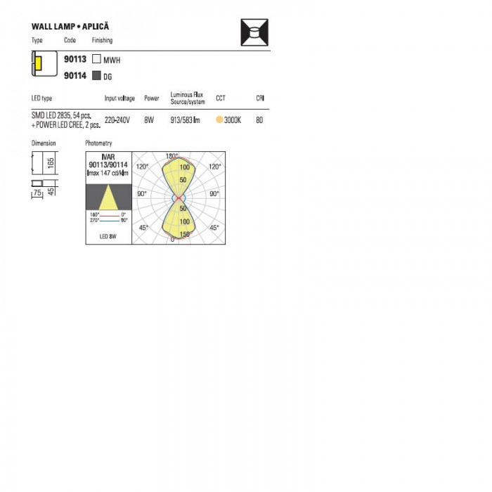 Aplica exterior Ivar 90114, gri inchis. LED, 8W, 583 lumeni, alb cald 3000K [3]
