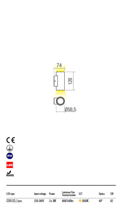 Aplica exterior Redo RAM 90079 LED 2x3W h128 Ø58.5 540lm 3000K IP65 Nedimabil Gri Inchis [2]