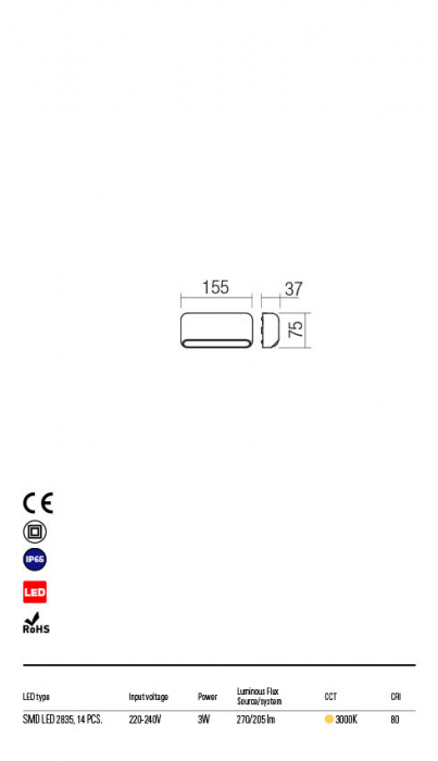 Aplica exterior Sapo 90069, alb mat, LED, 3W, alb cald 3000K, 205 lm, IP65 [2]