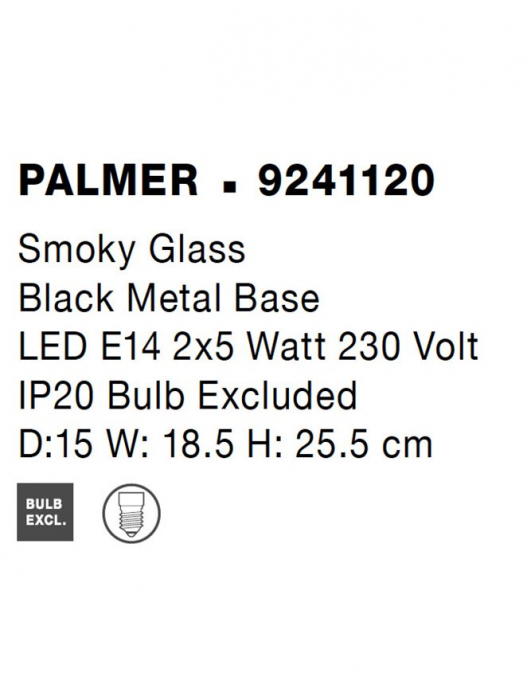 Aplica Nova Luce PALMER E14 2x5W   Smoky Glass & Black Metal Base IP20 [9]