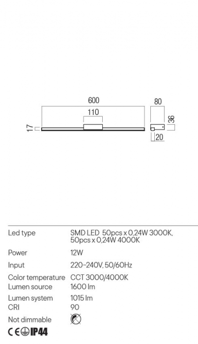 Aplica REDO ASTON 01-3270 LED 12W 3000K/4000K 1015lm Nedimabil Aluminiu/Metal Negru Mat IP44 [2]