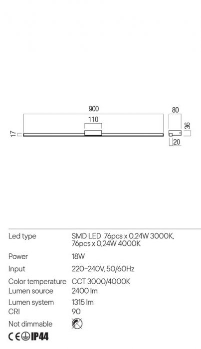 Aplica REDO ASTON 01-3273 LED 18W 3000K/4000K 1315lm Nedimabil Aluminiu/Metal Negru Mat IP44 [2]