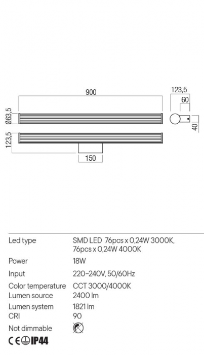 Aplica REDO DIZZY 01-3263 LED 18W 3000K/4000K 1821lm Nedimabil Aluminiu/Metal Crom IP44 [2]