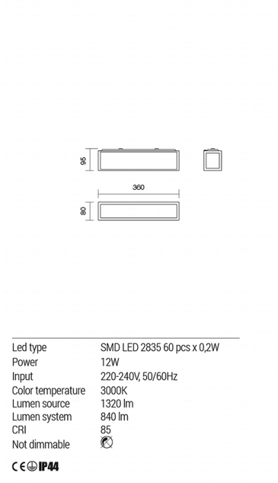 Aplica REDO Ego 01-1234 SMD LED 12W 3000K 840lm 80x360 IP44 Nedimabil Crom White [2]