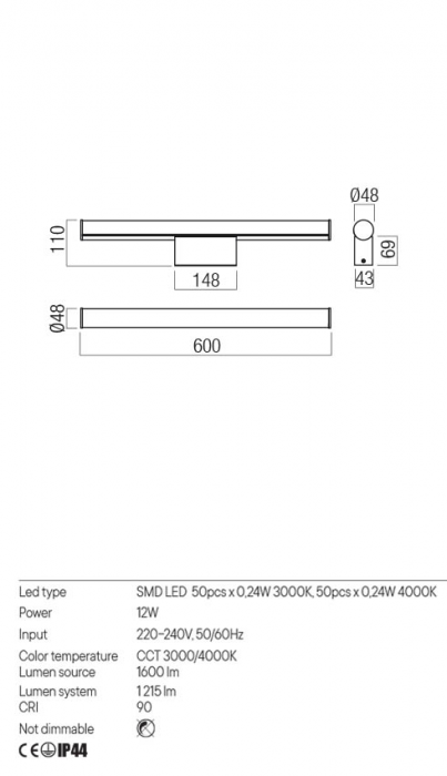 Aplica REDO KALI 01-3278 LED 12W 3000K/4000K 1215lm Nedimabil Aluminiu/Metal Crom IP44 [2]