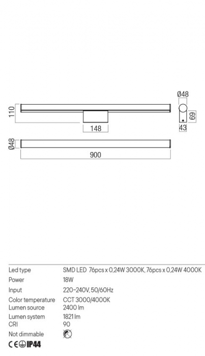 Aplica REDO KALI 01-3282 LED 18W 3000K/4000K 1821lm Nedimabil Aluminiu/Metal Negru Mat IP44 [2]