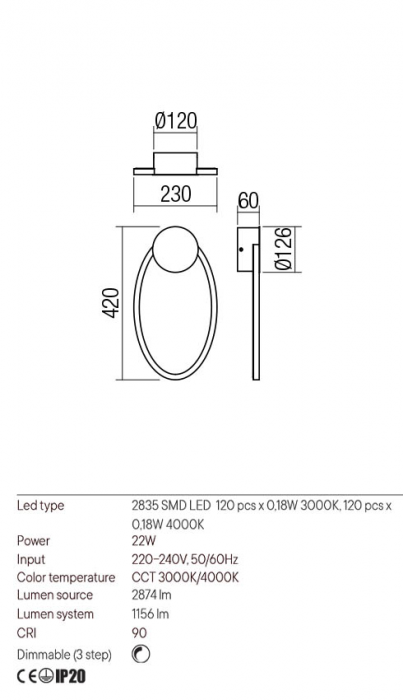 Aplica Redo Leo 01-3291 Metal/Aluminiu Alb mat LED 22W 3000K, 4000K 1156 lm 3 Step Dimming IP20 [2]