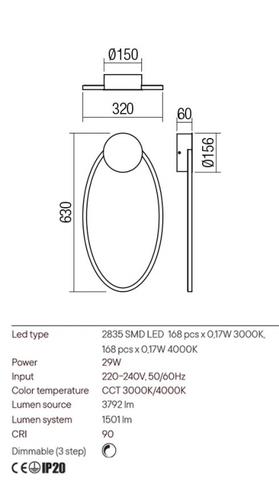 Aplica Redo Leo 01-3295 Metal/Aluminiu Negru mat LED 29W 3000K, 4000K 1501 lm 3 Step Dimming IP20 [2]