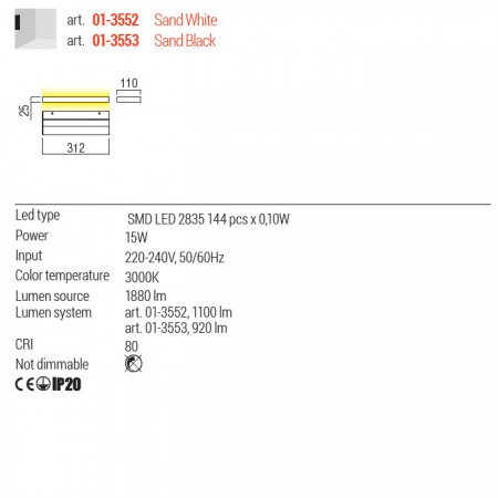 Aplica Redo Seed, alb mat, LED, 15W, 920 lumeni, alb cald 3000K, L.31 cm, 01-3552 [2]