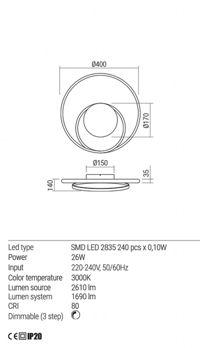 Aplica Redo Torsion LED Dimabila (3 step) alb mat 26W 2610/1690 lumeni alb cald 3000K 01-1789 [3]
