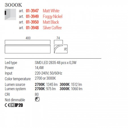 Aplica Redo Velas, alb mat, LED, 14W, 1060 lumeni, alb cald 3000K, L.40 cm, 01-3947 [2]