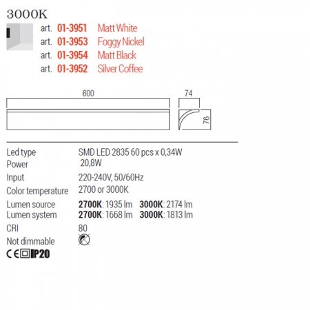 Aplica Redo Velas, foggy nickel, LED, 21W, 1813 lumeni, alb cald 3000K, L.60 cm, 01-3953 [2]