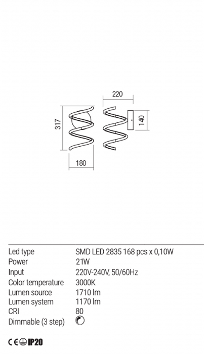 Aplica Redo Vuelta LED Dimabila (3 step) alb mat 21W 1710/1170 lumeni alb cald 3000K 01-1774 [3]