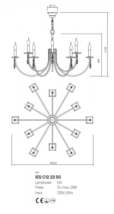 Candelabru Incanti Elisir 12xE14 IES C12 23 50 Metal Alama Cristal IP20 [2]