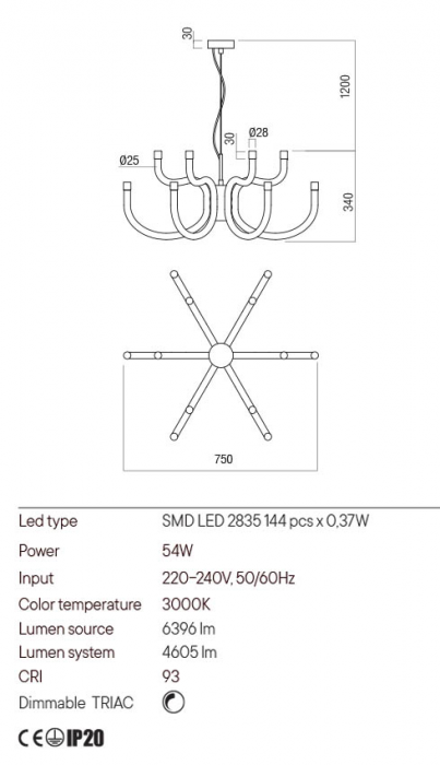 Candelabru Redo Luxor 01-3227 LED 54W 4605 lm 3000K Metal&Aluminiu Alb Dimabil Triac IP20 [2]