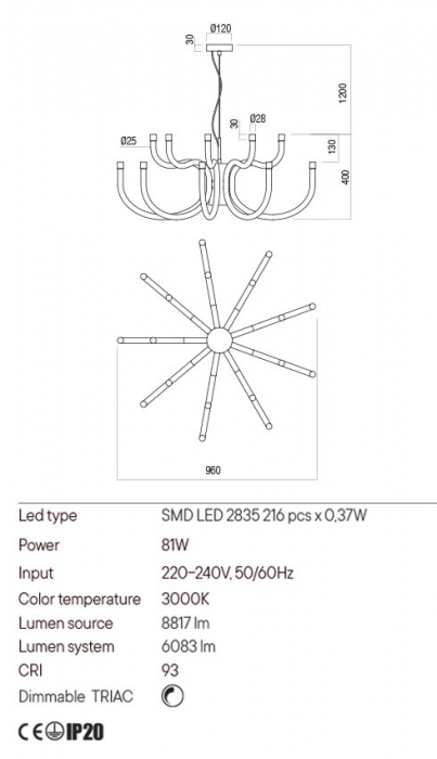 Candelabru Redo Luxor 01-3231 LED 81W 6083 lm 3000K Metal&Aluminiu Alb Dimabil Triac IP20 [2]