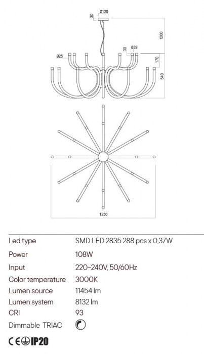 Candelabru Redo Luxor 01-3236 LED 108W 8132 lm 3000K Metal&Aluminiu Auriu Dimabil Triac IP20 [2]