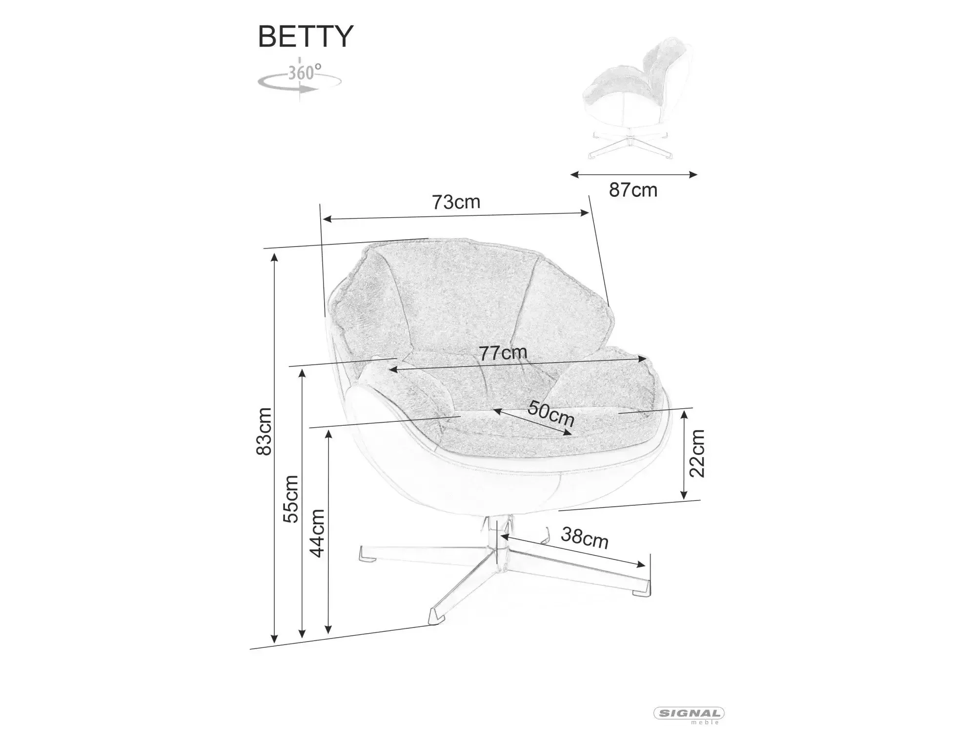 Fotoliu rotativ BETTY, galben/negru, stofa clasica/metal, 73x87x83 cm [4]