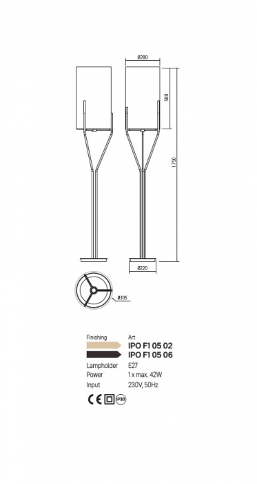 Lampadar Incanti Poseido IPO F1 05 06 E27 1x42W Metal GOLD/BEIGE SHADE IP20 [2]