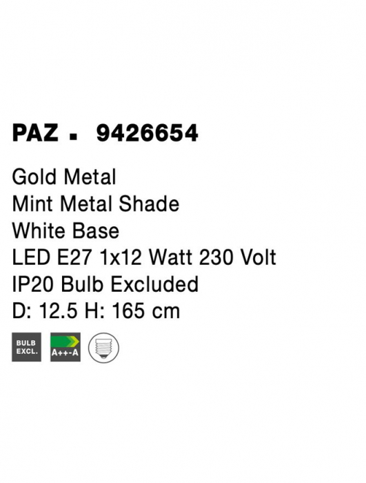 Lampadar Nova Luce PAZ E27 1x12W   Gold Metal Mint Metal Shade White Base IP20 [8]