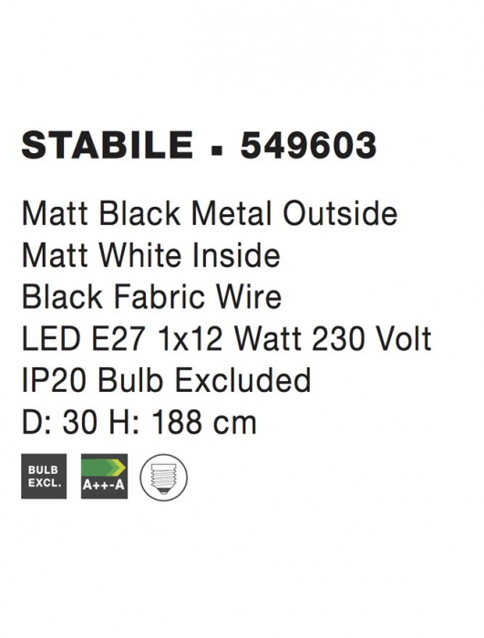 Lampadar Nova Luce STABILE E27 1x12W   Matt Black Metal Outside Matt White Inside Black Fabric Wire  IP20 [3]