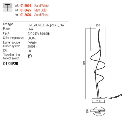 Lampadar Redo Impuls, auriu mat, LED, 36W, 2520 lumeni, 3000K/4000K/6000K, H. 160 cm, 01-3625 [2]