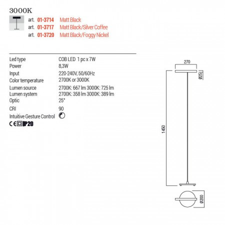 Lampadar Redo Praxi, negru mat, LED, 8W, 389 lumeni, alb cald 3000K, H.145 cm, 01-3714 [2]