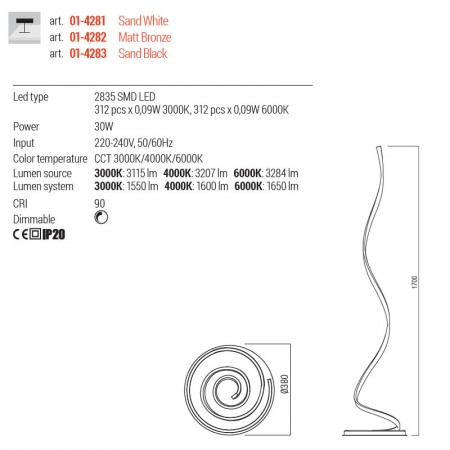 Lampadar Redo Scroll, negru mat, LED, 30W, 1650 lumeni, 3000K/4000K/6000K, H. 170 cm, 01-4283 [2]
