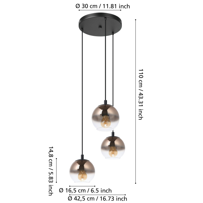Lustra EGLO Ariscani 1 901925 E27 3X60W 220-240V,50/60Hz H 1100mm x Ø425mm otel negru sticla vaporizata alama IP20 [5]