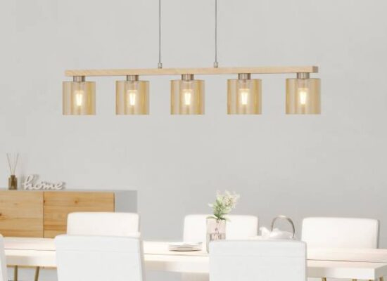 Lustra EGLO Castralvo 901292 E27 5X28W 220-240V,50/60Hz L 1210mm x l 150mm x H 1100mm otel/lemn maro/nichel satinat sticla vaporizata chihlimbar IP20 [5]