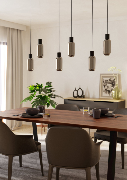 Lustra EGLO Maione 901006 E27 6X4W 220-240V,50/60Hz L 1380mm x l 140mm x H 1100mm otel negru sticla vaporizata gri IP20 [2]