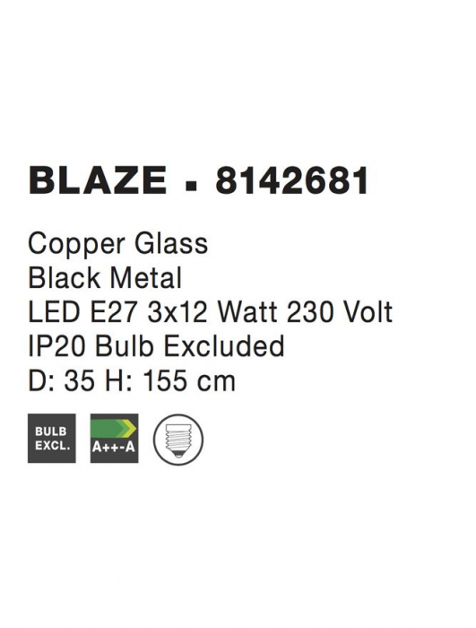 Lustra Nova Luce BLAZE E27 3x12W   Copper Glass Black Metal IP20 [5]