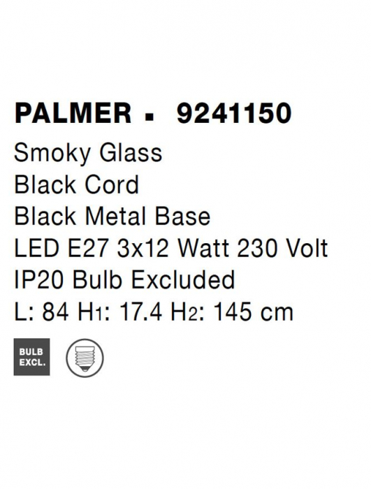 Lustra Nova Luce PALMER E27 3x12W   Smoky Glass & Black Cord & Black Metal Base IP20 [7]