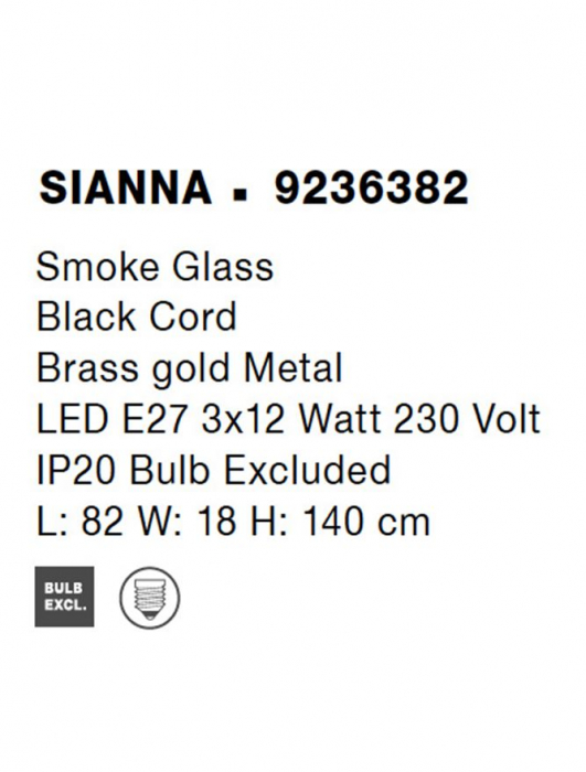 Lustra Nova Luce SIANNA E27 3x12W   Smoke Glass & Black Cord & Brass gold Metal IP20 [7]