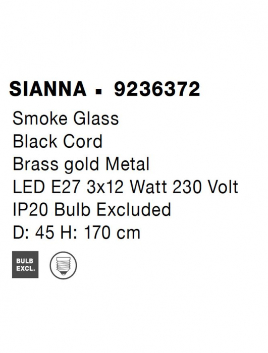 Lustra Nova Luce SIANNA E27 3x12W   Smoke Glass & Black Cord & Brass gold Metal IP20 [8]