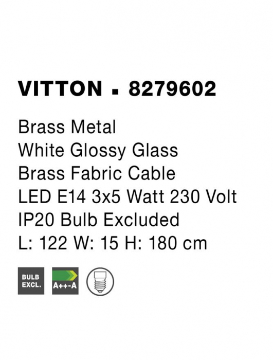 Lustra Nova Luce VITTON E14 3x5W   Brass Metal White Glossy Glass Brass Fabric Cable IP20 [4]
