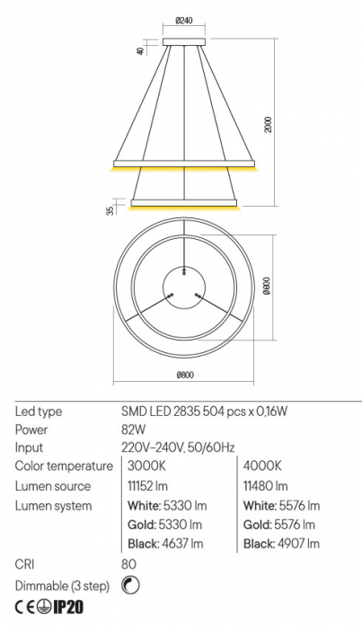 Lustra REDO FEBE 01-2895 LED 82W 3000K 5330lm Dimabil 3 step Aluminiu Auriu Mat IP20 [2]
