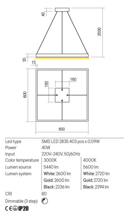 Lustra REDO FEBE 01-2901 LED 40W 3000K 2600lm Dimabil 3 step Aluminiu Auriu Mat IP20 [2]