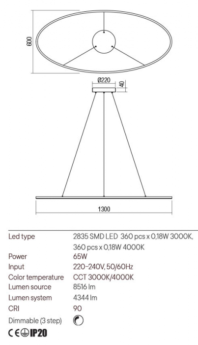 Lustra Redo Leo 01-3299 Metal/Aluminiu Negru mat LED 65W 3000K, 4000K 4344 lm 3 Step Dimming IP20 [2]