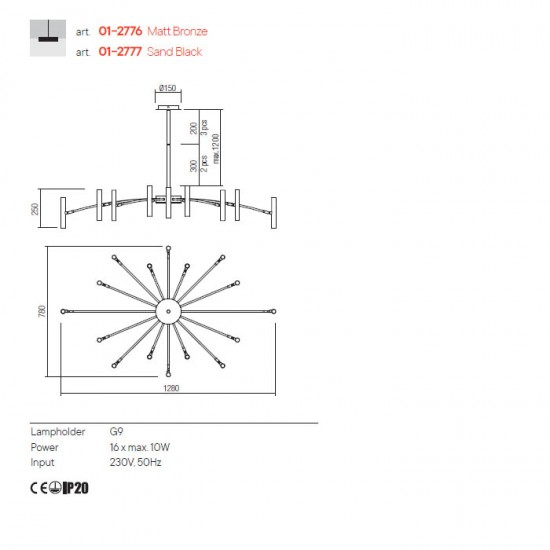 Suspensie REDO RAYEN 01-2776 G9 MATT BRONZE 16 x max.10W   IP20 [2]