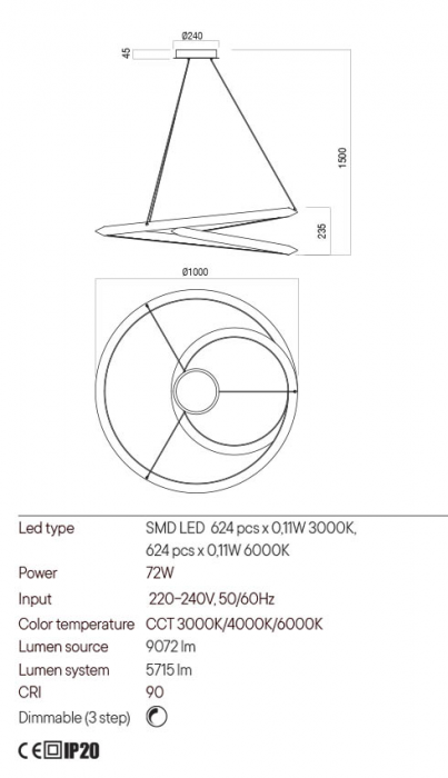Lustra Redo Storm  01-3381 Metal/Aluminiu Negru mat LED 72W 3000K, 4000K, 6000K 5715 lm 3 Step Dimming IP20 [2]