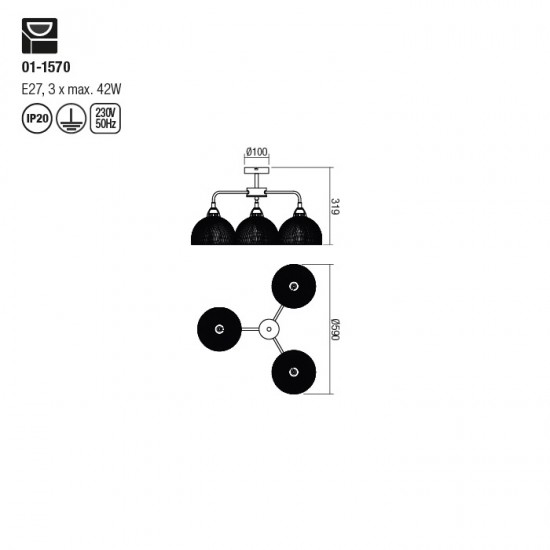 Lustra Smarter Tamis, negru mat, 3XE27, 01-1570 [2]