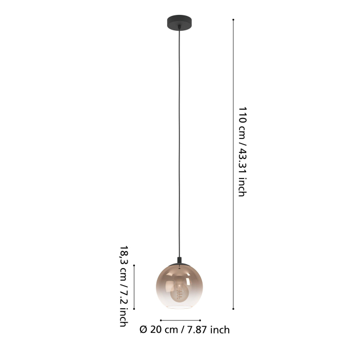 Pendul EGLO Ariscani 1 901923 E27 1X60W 220-240V,50/60Hz H 1100mm x Ø200mm otel negru sticla vaporizata alama IP20 [5]