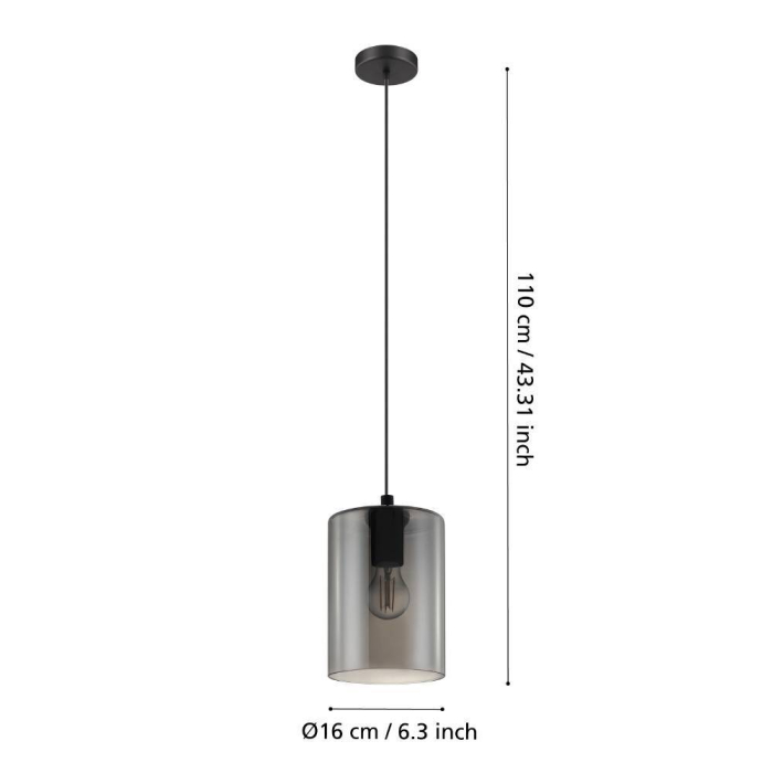 Pendul EGLO Cadaques 1 98585 E27 1X40W 220-240V,50/60Hz H 1100mm x Ø160mm otel negru sticla fume transparenta/negru IP20 [3]
