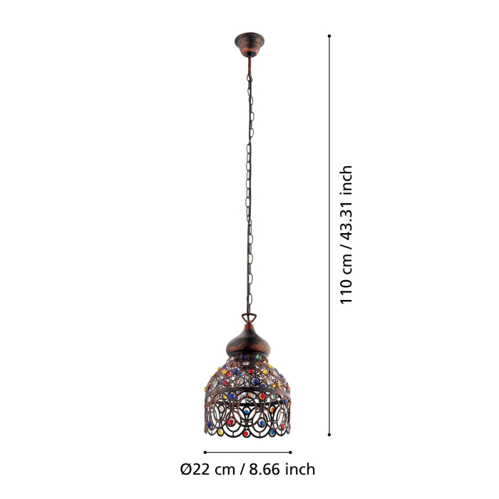 Pendul EGLO Jadida 49765 E27 1X60W 220-240V,50/60Hz H 1100mm x Ø220mm otel cupru antichizat sticla colorata IP20 [5]