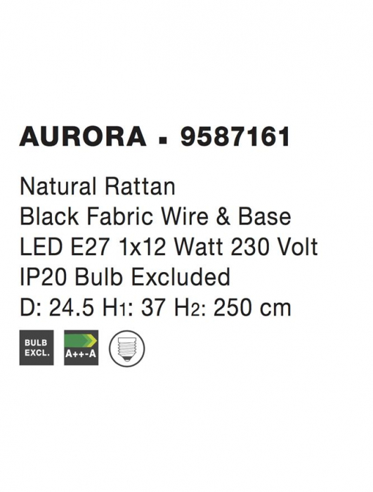 Pendul Nova Luce AURORA E27 1x12W   Natural Rattan Black Fabric Wire & Base  IP20 [9]