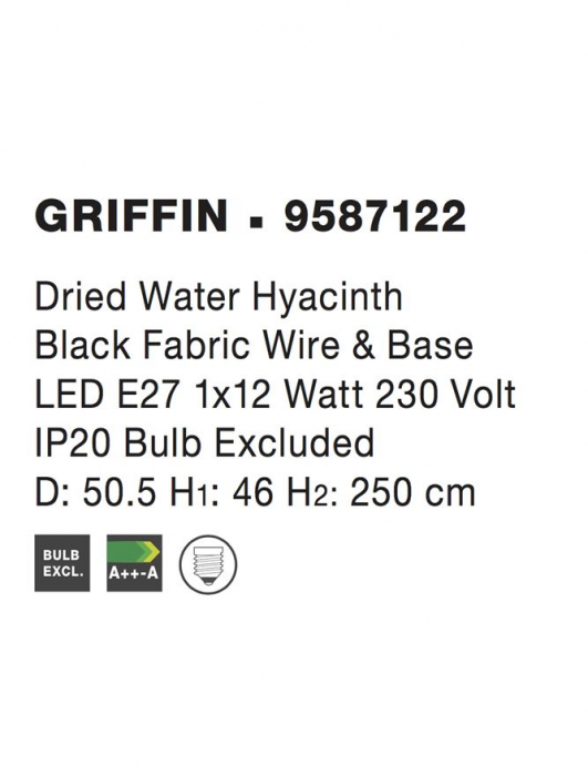 Pendul Nova Luce GRIFFIN E27 1x12W   Dried Water Hyacinth Black Fabric Wire & Base IP20 [9]