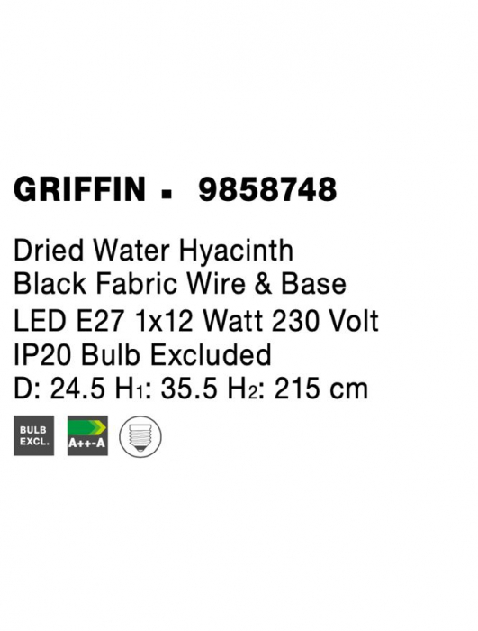 Pendul Nova Luce GRIFFIN E27 1x12W   Dried Water Hyacinth Black Fabric Wire & Base IP20 [8]