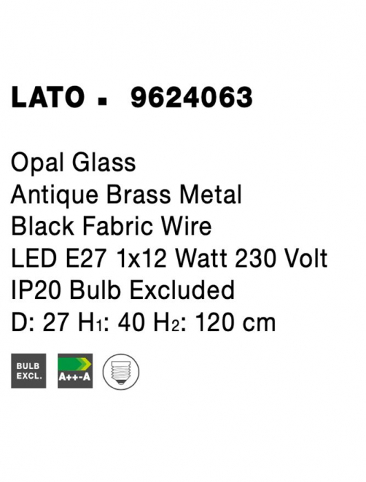 Pendul Nova Luce LATO E27 1x12W   Opal Glass Antique Brass Metal Black Fabric Wire IP20 [8]